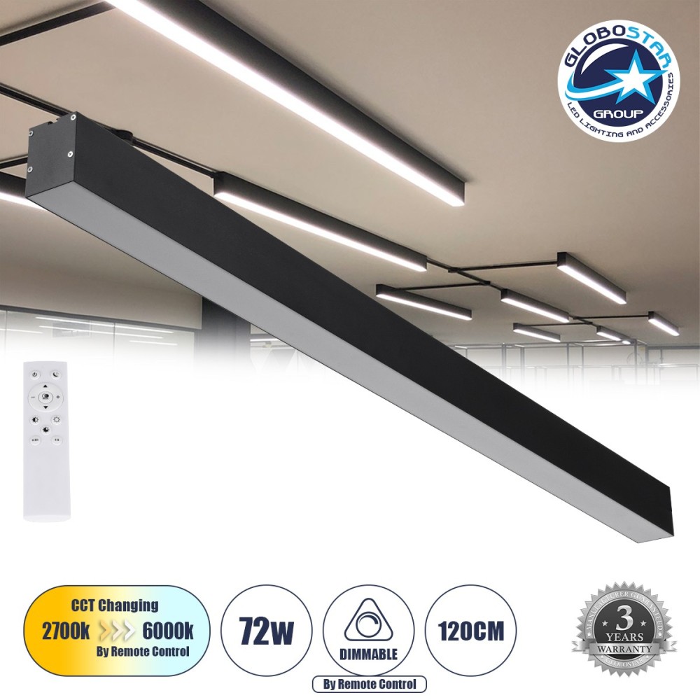 GLOBOSTAR® ORION 61030-S Μοντέρνο Φωτιστικό Οροφής LED 72W 8600lm 120° AC 220-240V IP20 Ρυθμιζόμενο Λευκό CCT με Χειριστήριο από 2700K έως 6000K Dimmable - Lumileds SMD Chip - Μαύρο Ματ - Μ120 x Π5.5 x Υ7cm - 3 Χρόνια Εγγύηση
